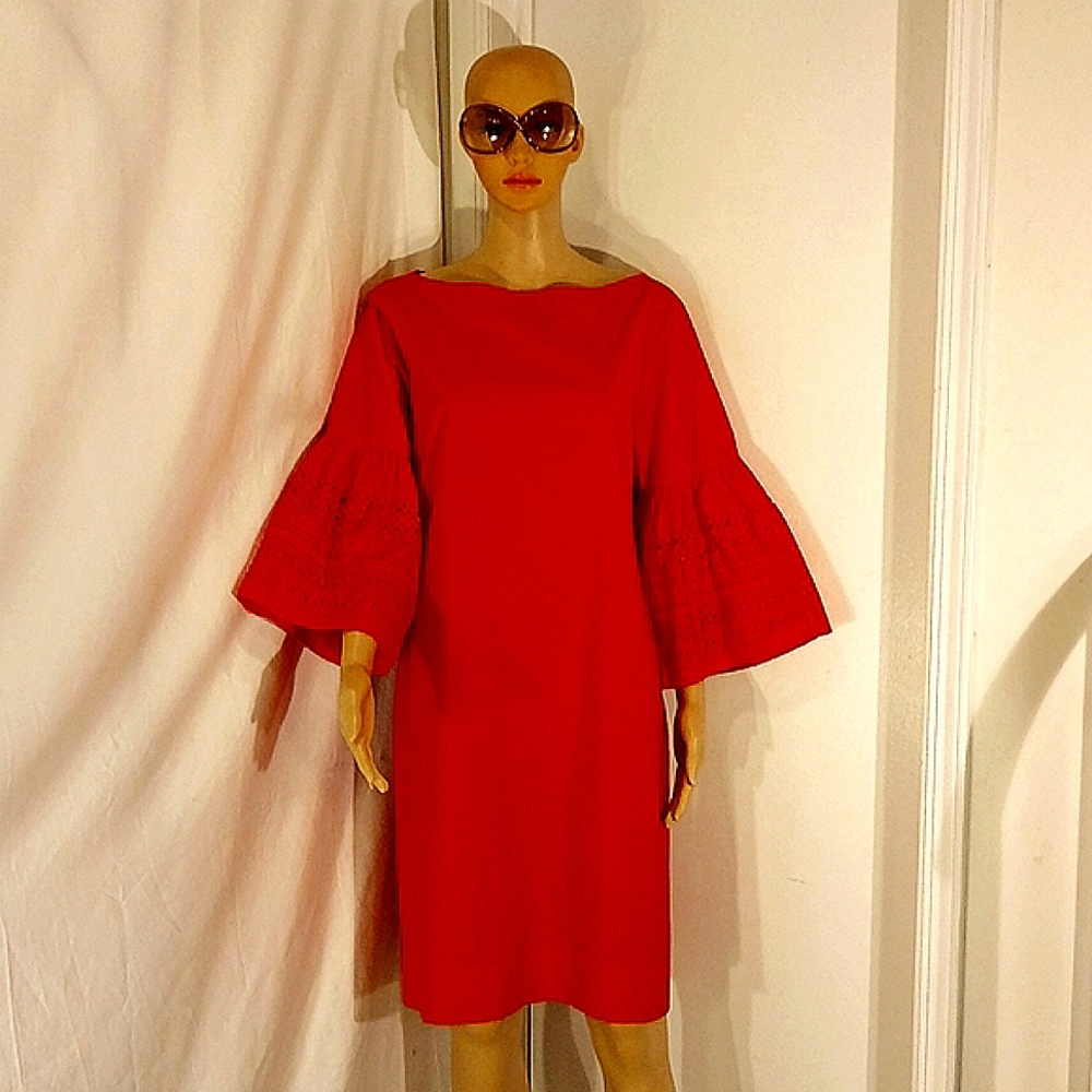 NWT Lauren Ralph Lauren Red Boat Neck Bell Sleeve Dress - Picture 2 of 12